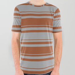 [ Thumbnail: Sienna & Dark Gray Colored Stripes Pattern All Over Graphic Tee ]