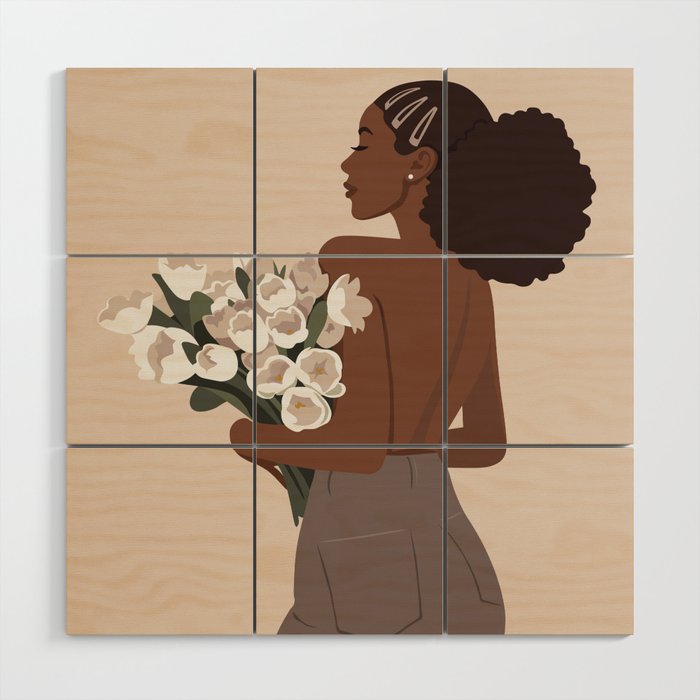 Black woman with white tulips Wood Wall Art