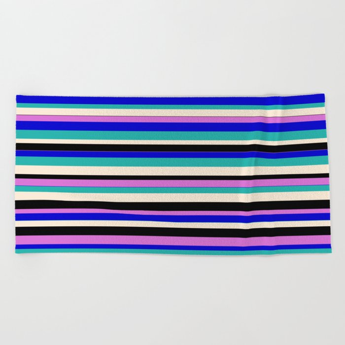 Vibrant Orchid, Blue, Light Sea Green, Beige, and Black Colored Lines Pattern Beach Towel