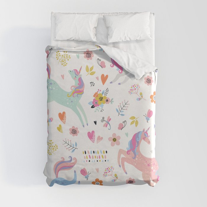 Magical Pastel Unicorn Floral Duvet Cover