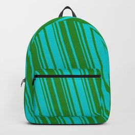 [ Thumbnail: Forest Green & Dark Turquoise Colored Striped Pattern Backpack ]