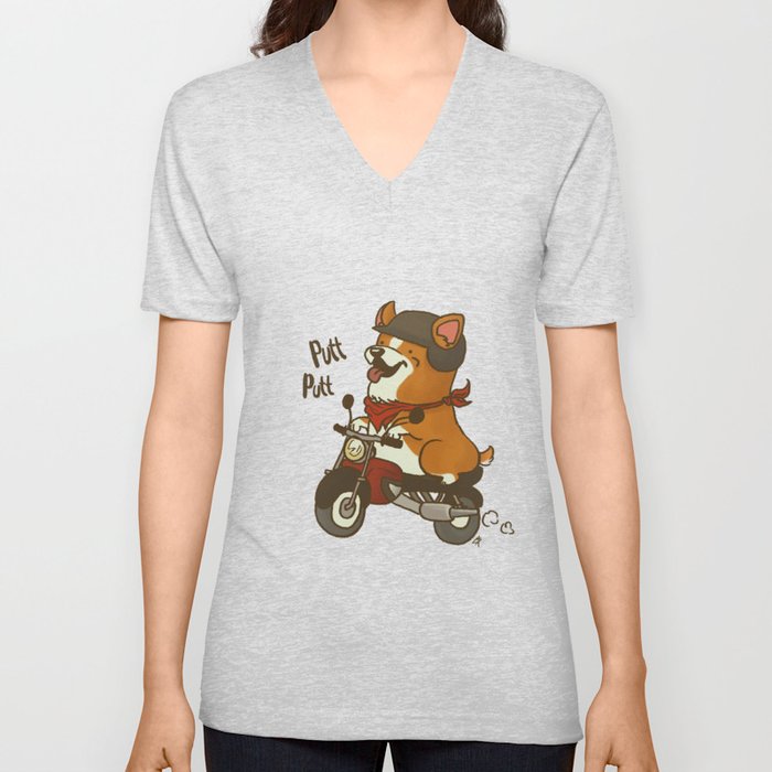 Corgi on a Bike V Neck T Shirt