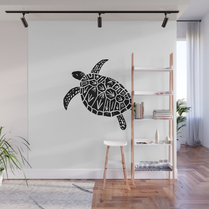 Linocut Black And White Turtle Turtles Ocean Life Sealife Art Wall Mural By Monoo Society6 - Black And White Wall Decals Ocean