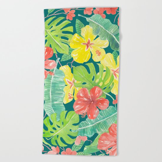 Tropical garden, hibiscus plumeria and palm leaves Beach Towel