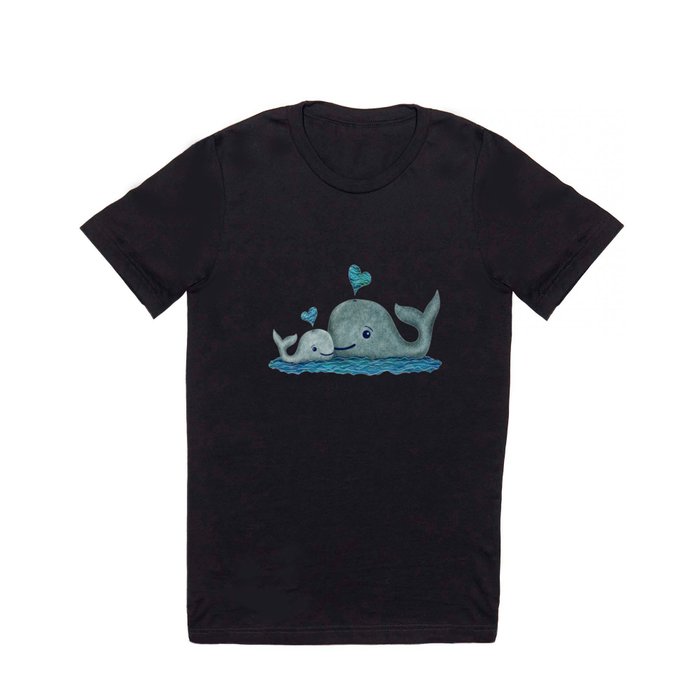 Whale Mom and Baby with Hearts in Gray and Turquoise T Shirt