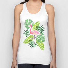 Flamingo and Tropical Leaves Acrylic(Lime Green) Unisex Tank Top