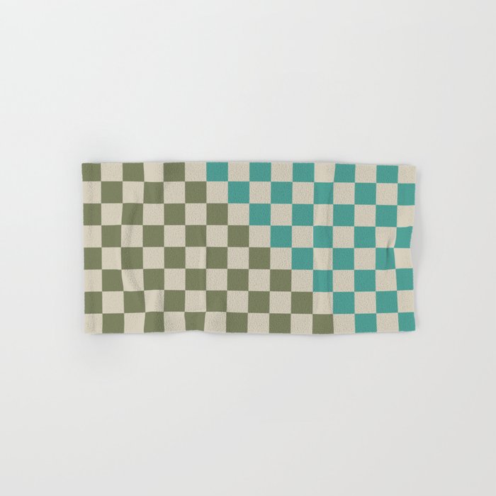 Checkerboard Diagonal Check Pattern in Vintage Olive Green and Turquoise Teal Hand & Bath Towel