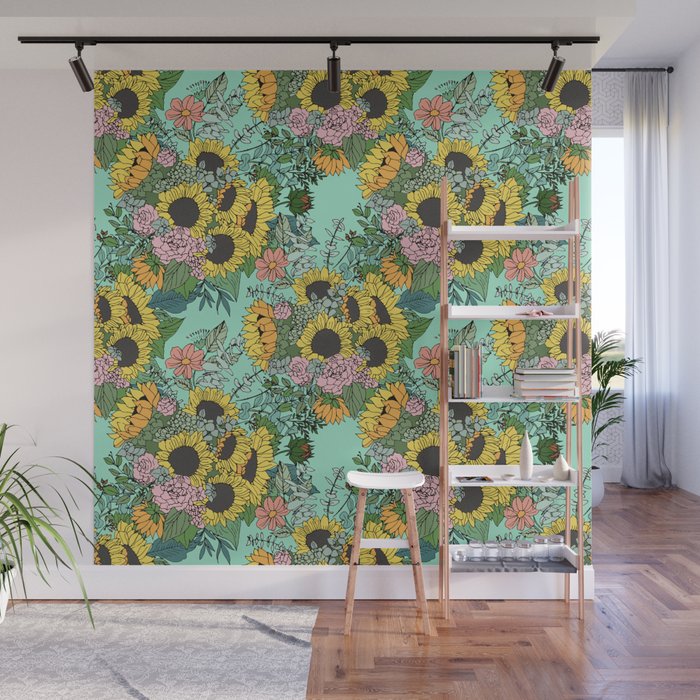 Trendy yellow sunflowers and pink roses mint design Wall Mural