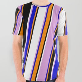 [ Thumbnail: Eye-catching Plum, Blue, Dark Orange, Black & White Colored Stripes/Lines Pattern All Over Graphic Tee ]