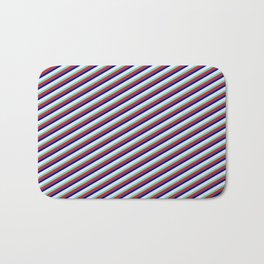 [ Thumbnail: Lavender, Aquamarine, Brown & Blue Colored Stripes Pattern Bath Mat ]