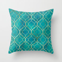 Teal Emerald Golden Moroccan Quatrefoil Pattern Throw Pillow