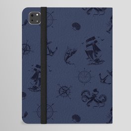 Navy Blue And Blue Silhouettes Of Vintage Nautical Pattern iPad Folio Case