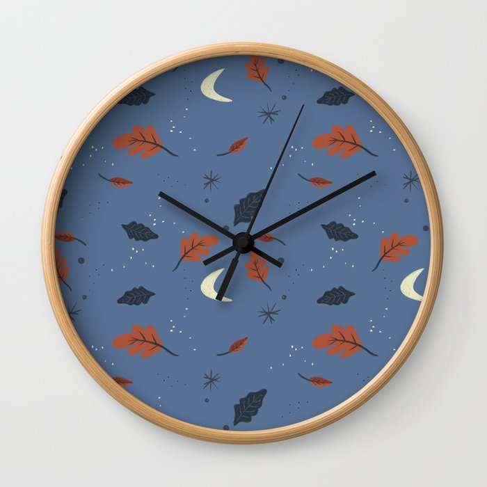 Blue Navy Autumn Leaves Wall Clock