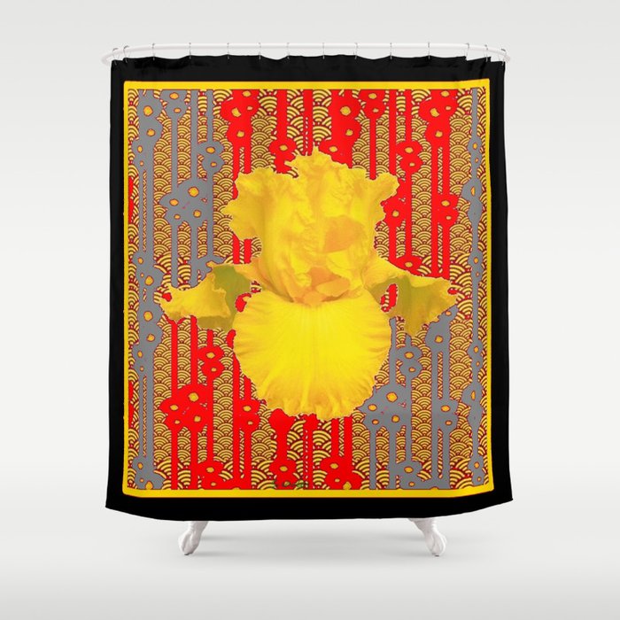 Oriental Style Black Red Yellow Iris Pattern Art Shower Curtain By Oriental Style Black Red Yellow Iris Pattern Art Shower Curtain