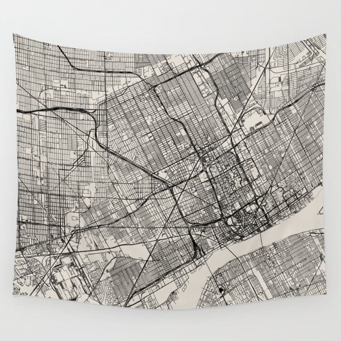 Detroit, Michigan - Black and White City Map - USA - Aesthetic Wall Tapestry