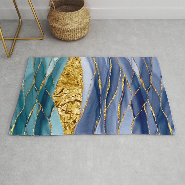 Blue And Teal And Gold Mermaid Glamour Marble Landscape  Rug