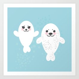set Funny white fur seal pups, cute winking seals with pink cheeks and big eyes. Kawaii animal Art Print | Fun, Animal, Cheerful, Kawaii, Seal, Sea, Character, Marine, Funny, Graphicdesign 