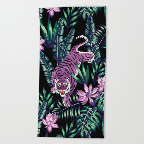 tiger in the jungle pattern Beach Towel
