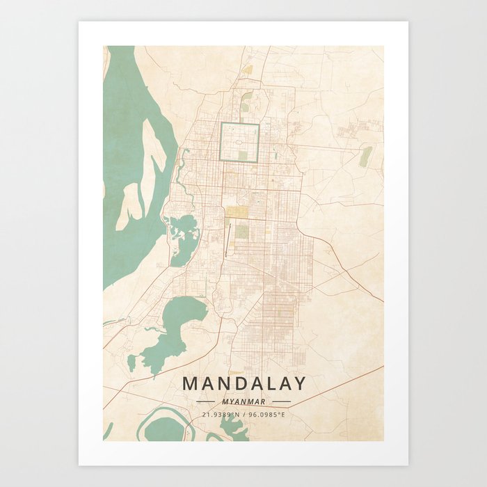 Mandalay, Myanmar - Vintage Map Art Print