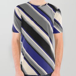[ Thumbnail: Eye-catching Midnight Blue, Beige, Dark Grey, Dim Grey & Black Colored Striped Pattern All Over Graphic Tee ]