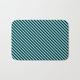 [ Thumbnail: Tan, Green, Blue & Black Colored Lines Pattern Bath Mat ]