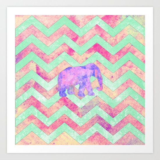 Whimsical Purple Elephant Mint Green Pink Chevron Art Print