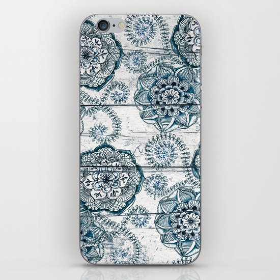 Navy Blue Floral Doodles on Wood iPhone Skin