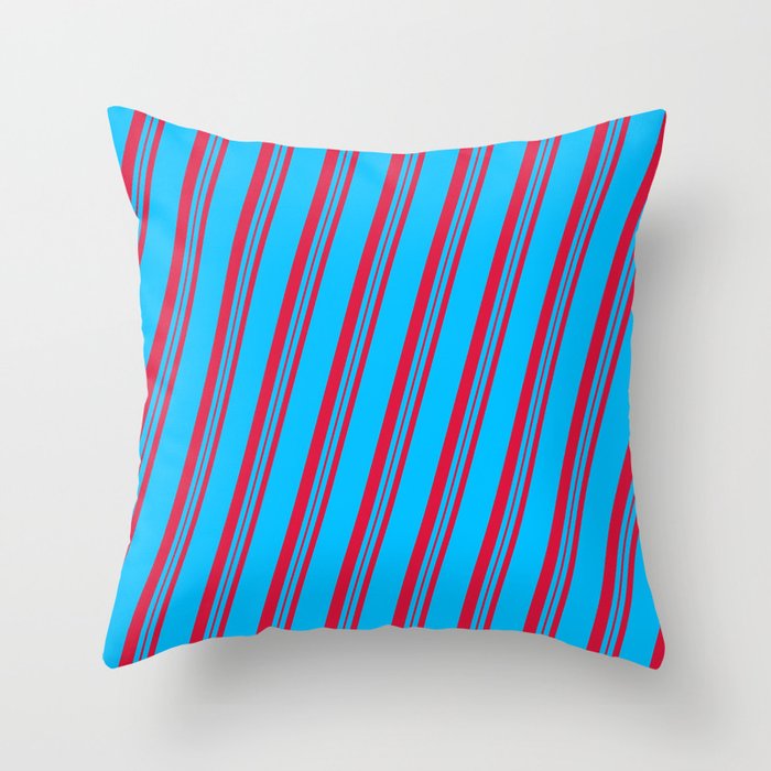Deep Sky Blue and Crimson Colored Lines/Stripes Pattern Throw Pillow