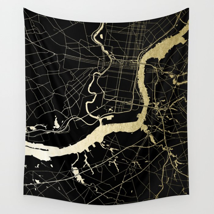 Philadelphia - Black and Gold Wall Tapestry