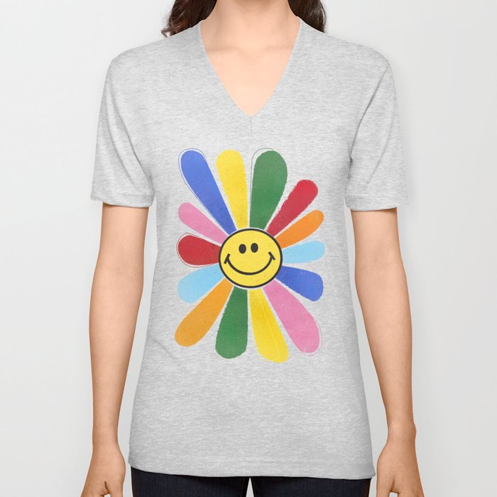 Smiley Hippie Daisy V Neck T Shirt