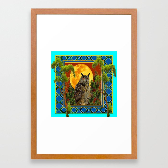 Wilderness Owl With Full Moon Trees Turquoise Framed Art Print