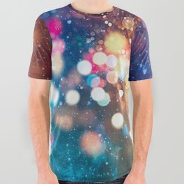 abstract blurred of blue and silver glittering shine bulbs lights background:blur of Christmas wallpaper decorations concept All Over Graphic Tee