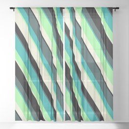 [ Thumbnail: Colorful Dark Slate Gray, Light Sea Green, Green, Beige, and Black Colored Stripes Pattern Sheer Curtain ]