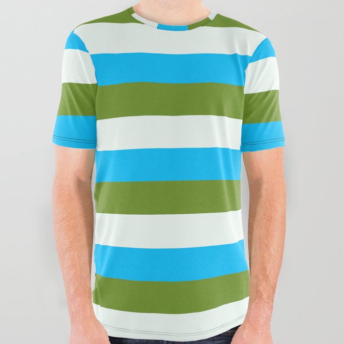 Deep Sky Blue, Green, and Mint Cream Colored Striped/Lined Pattern All Over Graphic Tee