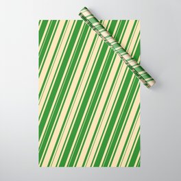 [ Thumbnail: Beige & Forest Green Colored Pattern of Stripes Wrapping Paper ]