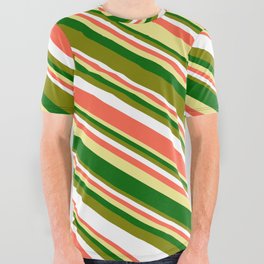 [ Thumbnail: Eyecatching Green, White, Red, Tan & Dark Green Colored Striped/Lined Pattern All Over Graphic Tee ]