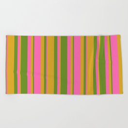 [ Thumbnail: Green, Goldenrod & Hot Pink Colored Lined Pattern Beach Towel ]