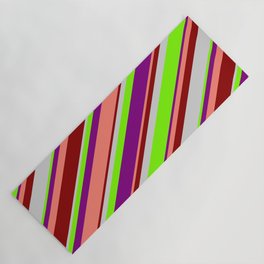 [ Thumbnail: Light Grey, Green, Purple, Salmon, and Dark Red Colored Striped Pattern Yoga Mat ]