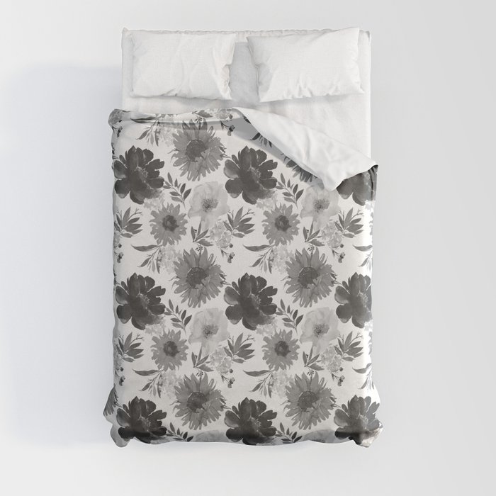 Watercolor black gray white botanical floral Duvet Cover