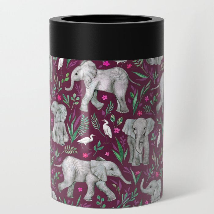 Baby Elephants and Egrets in Watercolor - burgundy red Can Cooler