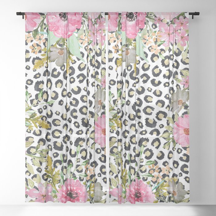 Elegant Leopard Print And Floral Design Sheer Curtain By Inovarts