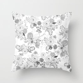 Modern elegant black white rustic floral illustration Throw Pillow