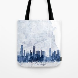 Chicago Skyline & Map Watercolor Navy Blue, by Zouzounio Art  Tote Bag