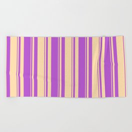 [ Thumbnail: Tan & Orchid Colored Stripes Pattern Beach Towel ]
