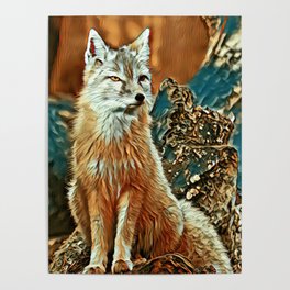 Elegant arctic fox sitting on tree log Poster