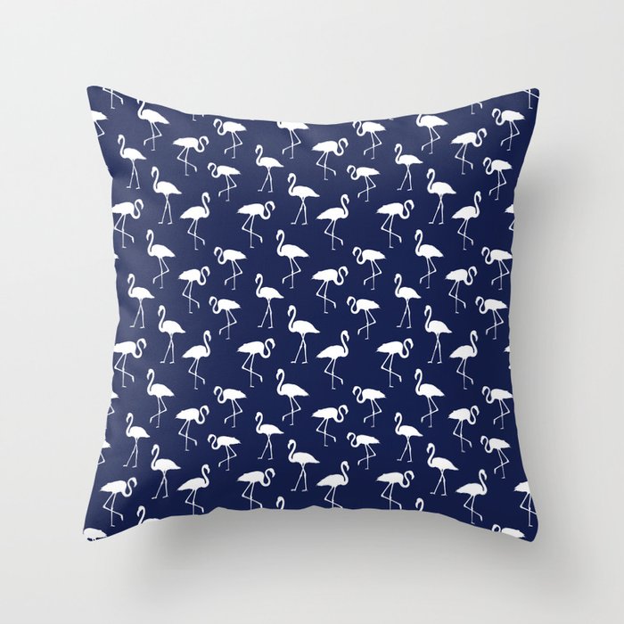 White flamingo silhouettes seamless pattern on navy blue background Throw Pillow