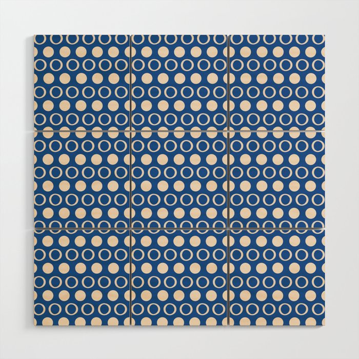 Polka Dot Stripes and Rings Pattern in Blue and Cream Wood Wall Art