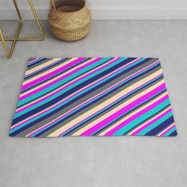 [ Thumbnail: Midnight Blue, Dim Gray, Beige, Fuchsia, and Dark Turquoise Colored Lines/Stripes Pattern Rug ]
