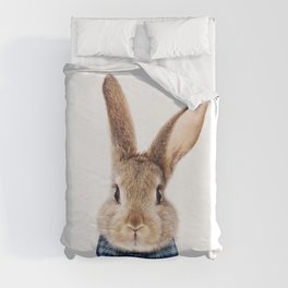 Brown Bunny With Blue Bowtie, Blue Nursery, Baby Animals Art Print by Synplus Duvet Cover