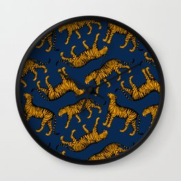 Tigers (Navy Blue and Marigold) Wall Clock | Navy, Design, Vibrant, Illucalliart, Illustration, Animal, Marigold, Pattern, Tiger, Big Cats 